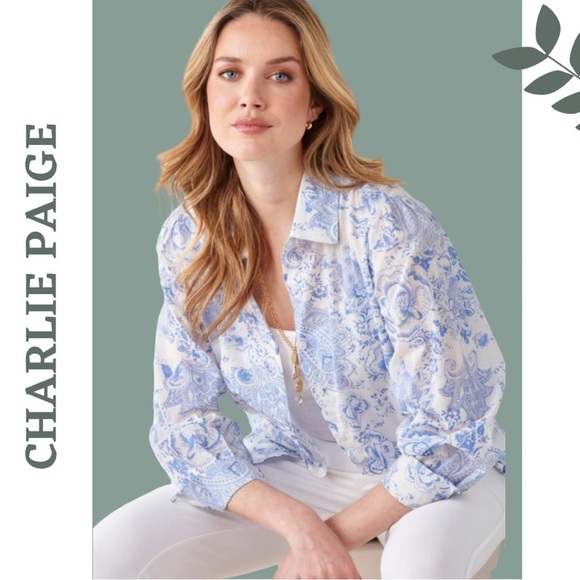 Charlie B Floral Print Long Sleeve Button Front Collared Blouse White Blue Boho - Picture 1 of 5